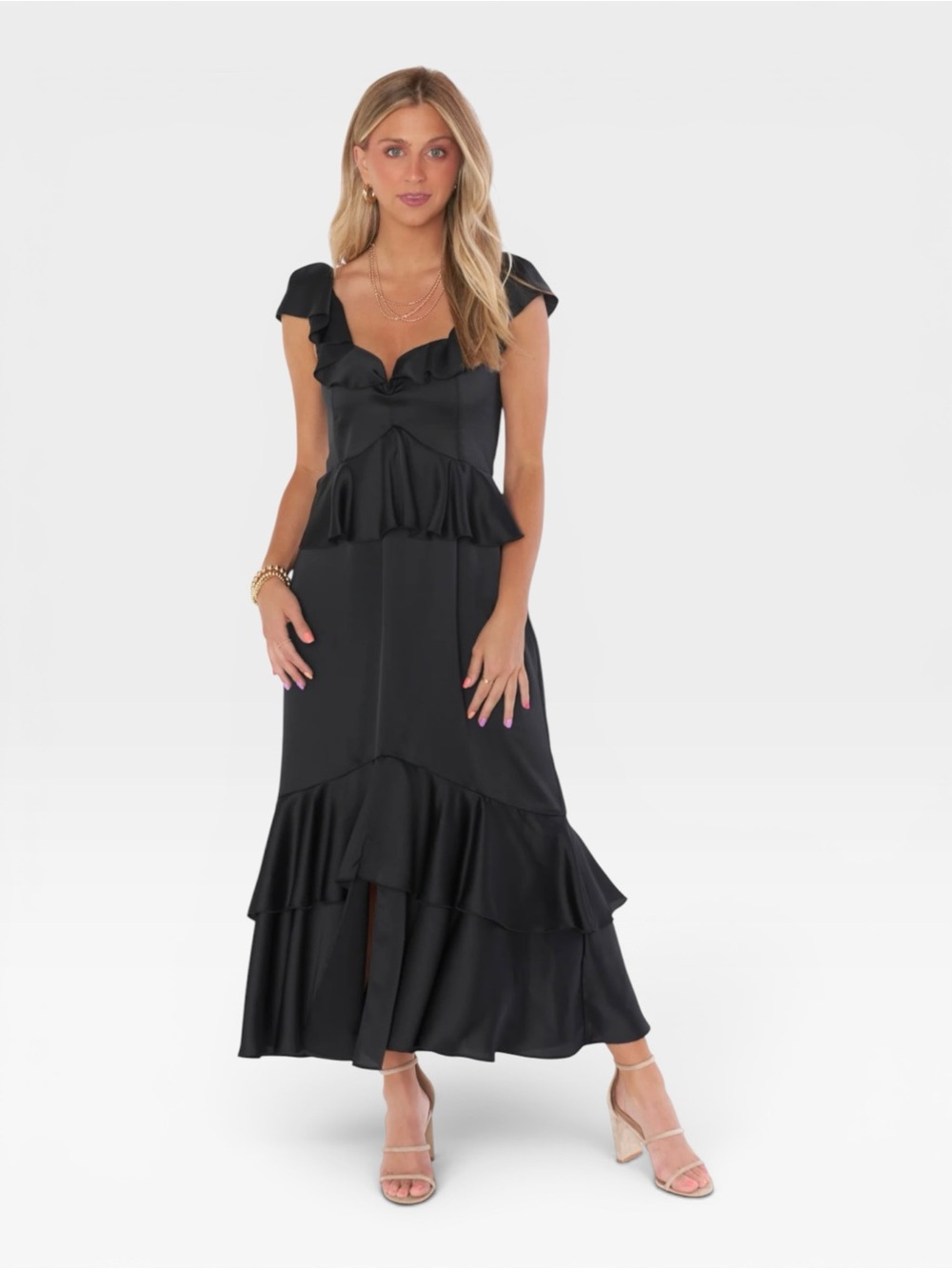 Nwt Show Me Your Mumu Reese Ruffle Dress Satin Black Size Xsmall